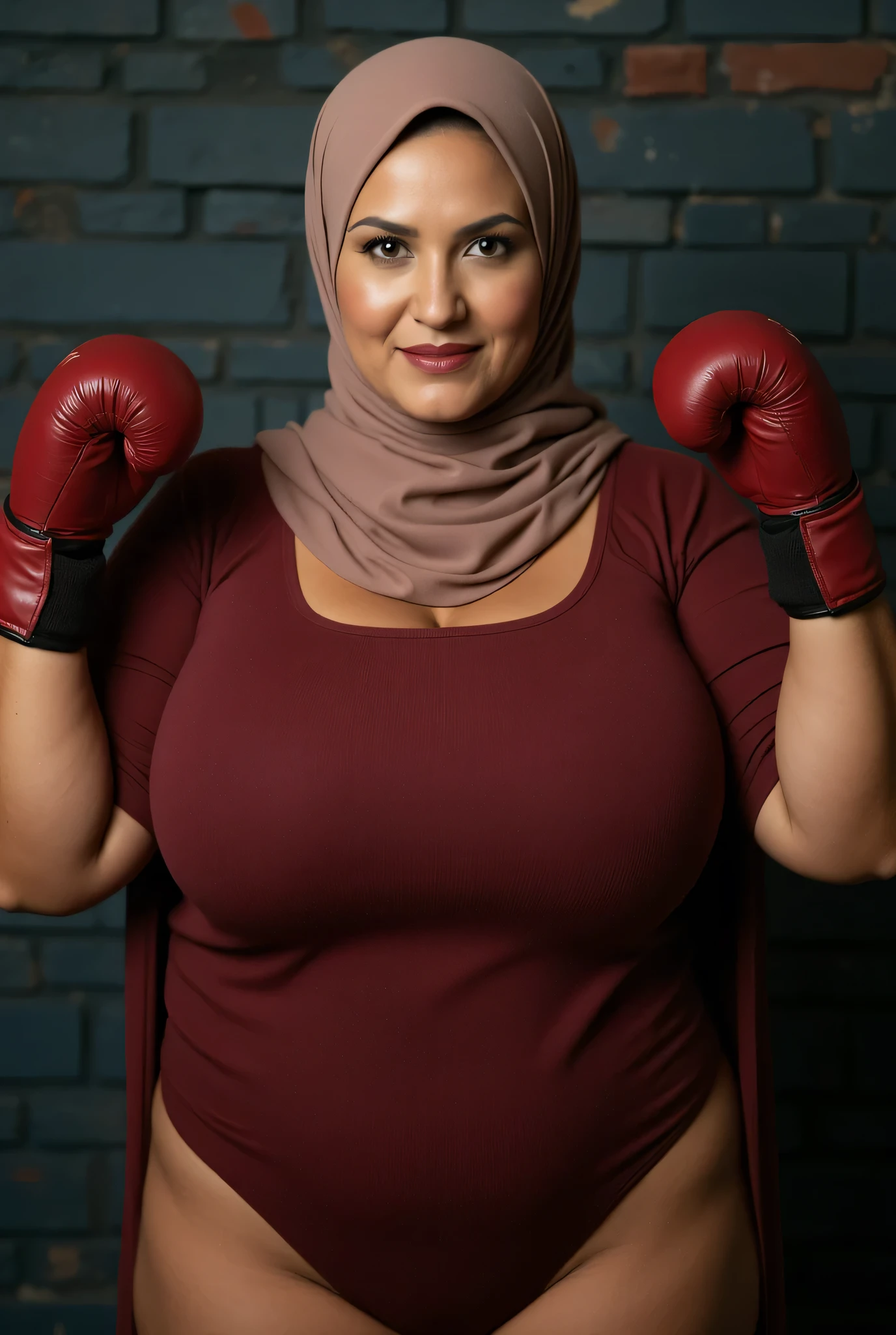 (angry face expression), (The stitching is very neat), very old lady Wearing Hijab perfectly ,  wearing Scoop Neck Sleeveless maroon Bodysuits G-String Thongs sinlet swimsuit , (KEDUA BELAH TANGAN DI ANGKAT LURUS KE ARAH ATAS SAMBIL MEMAKAI BOXING GLOVES) PLEASE DON'T PUT ANYTHING ROPE!!!
   BBW HIJAB INDO MALAY Jumbo (Singlet ), 1 girl,  MOODY FACE EXPRESSION , Half body portrait, (face details: 1), (Eye details: 1), ((Big breasts)). Cute posed. proportional body. ultra high res. realistic: 1.4, UHD, ((bigger:2.3)), (((dark background))),  Background worn old brick wall , arms Bodybuilder Auntie, Sitting on a round table stainless steel, 