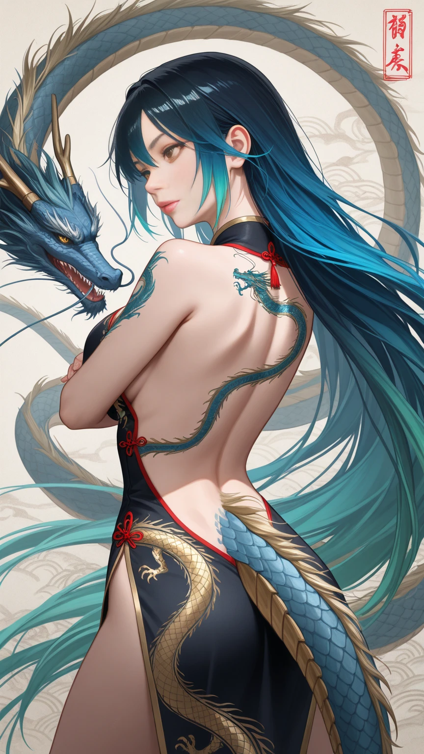 photorealistic, masterpiece, top quality, best quality, official art, highest details, beautiful and aesthetic, 1girl, (fractal art:1.3), colorful, <lora:kwFemale_Beta40-SDXL_v1:1>, chinese dragon, sky, cloud, cleavage, stomach tattoo, nipple piercing, waifu