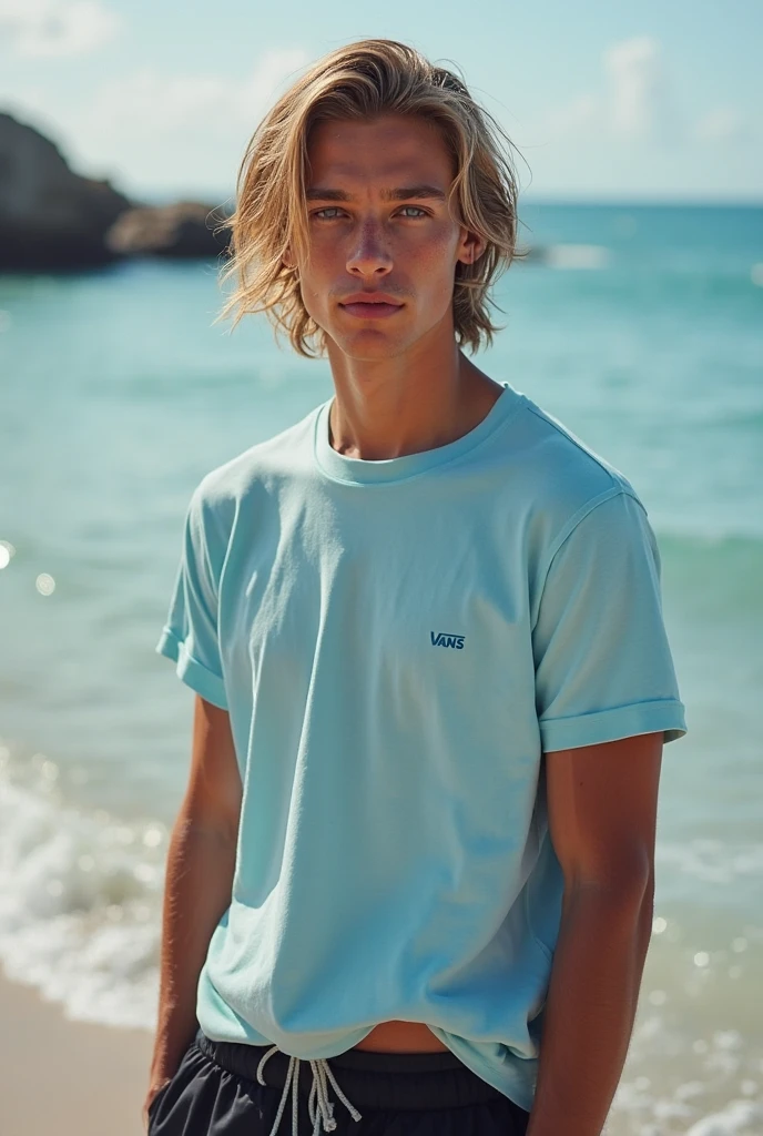 an 18 year old male.  Spiky dark brown hair, blue eyes with star-shaped pupils, only wearing blue , with two yellow lines, one on each side, running from shoulder to waist.  On another planet.  sitting on cyan colored grass.  With pink and blue crystals in the landscape.