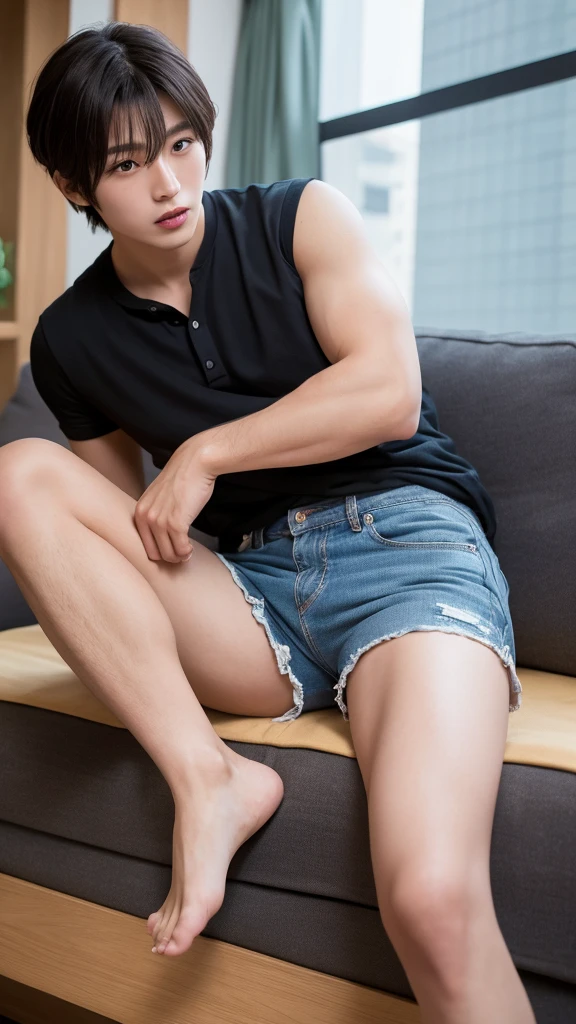 Sexy lean muscular confident cocky slight smile  casual friendly guy , sits like a gentleman should sit, winner attitude,smirking twinkle eyes smooth skin femboy queer athletic Hispanic  l looks seductively into the camera, throbbing, man , wearing dark  blue denim "short shorts" for men which have "two inch inseam",  clean groomed long hair, sitting on a big black comfy chair, Latin boy 2 1 years old, Bruce Weber,, male model,  cute, Bruce Weber, thin slim muscles lean beautiful girly body, prefect body, twink, very thin young male,