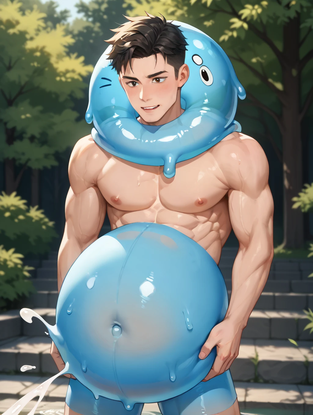 best quality, masterpiece, highly detailed, extremely attractive korean man, muscular build, short middle parting hair, wearing torn white translucent gstring thong straining from big erection bulge, bound, suspended by tentacles, anal penetration, multicolored neon ambient lighting, dramatic shadows, perfect face, perfect hand, perfection