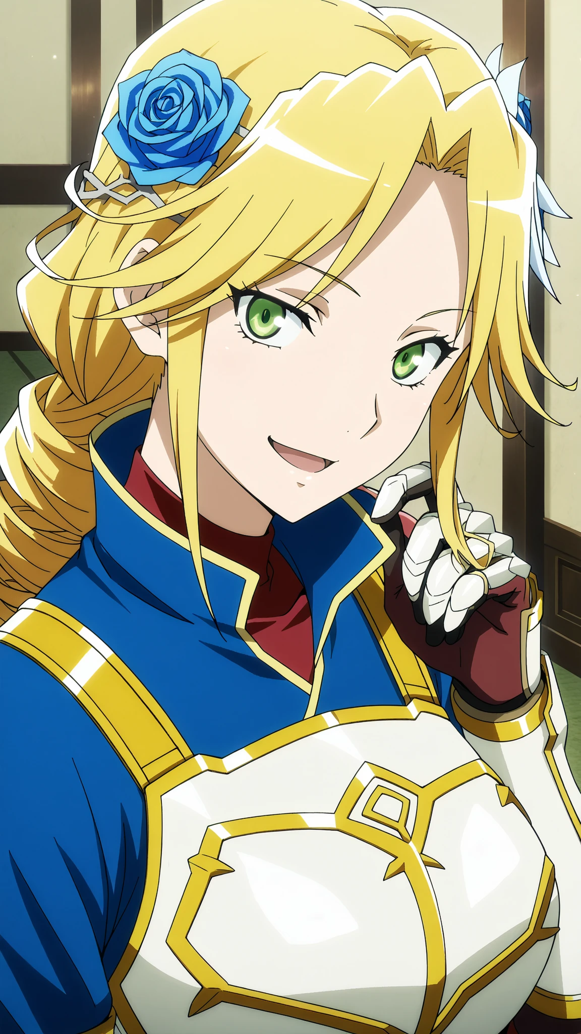 lakyus alvein dale aindra, overlord \(maruyama\)
High quality , best quality , masterpiece, High Resolution , detailed face( LoRA: lakyus),anatomically correct, detailed hair(LoRA: lakyus) , anime Coloring
solo, 1 girl,human
blonde hair, green eyes, braid, blue Rose, hair Rose, hair ornament, long hair, drill hair, ponytail, hair flower,
armor, gloves, red , blue dress, breastplate, gauntlets,,
looking at viewer ,close up,
Japanese-style room,
, open mouth, smile,