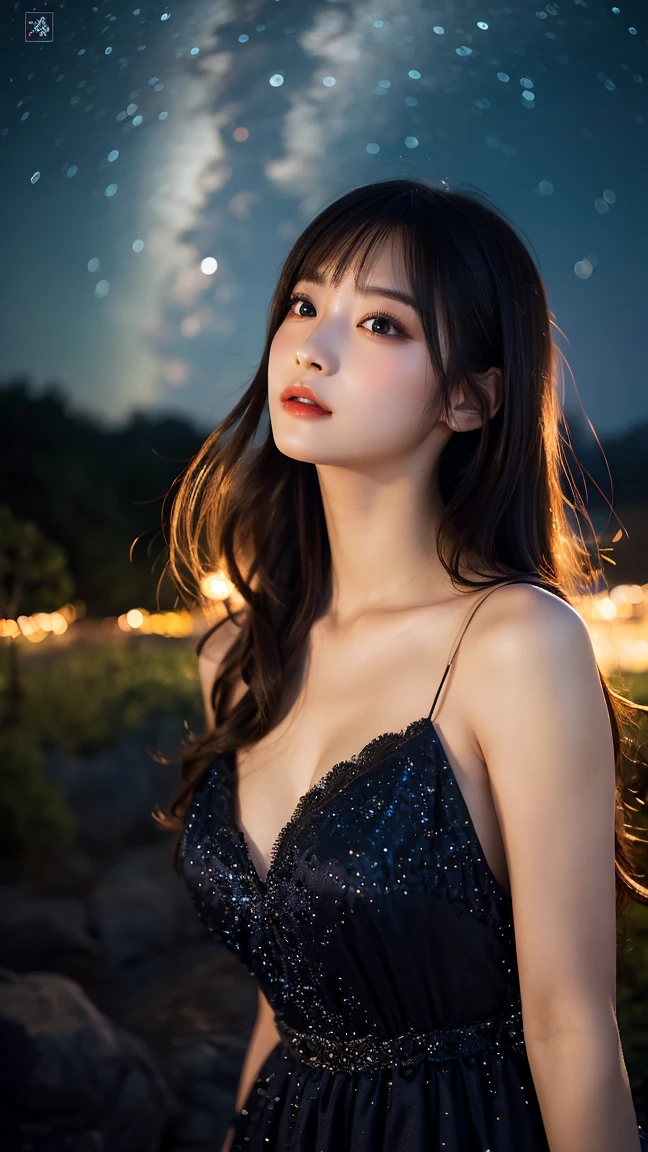 A 20-year-old woman with a very cute idol-like face and a young-looking face.、((leica 50 mm prime lens, cinestill 800T film))、((cinematic lighting))、(Cleavage)、(((Beautiful starry sky on the beach at night)))、((Very dim lighting))、((Don&#39;t expose your face to the light))、((Long-distance shot))、(live-actionと見分けがつかない高品質)、RAW Photos、Genuine、live-action、High resolution、masterpiece