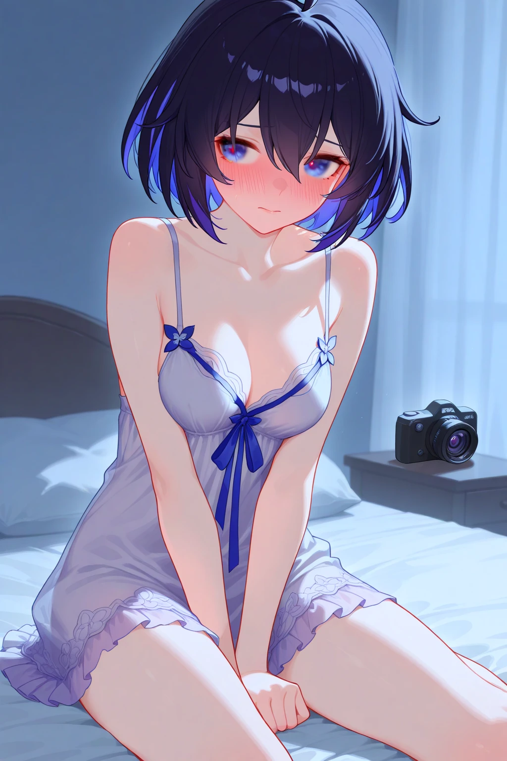 1girl in,Navy blue bob hair,Navy green eyes,Cute,blush,girlfriend,medium breasts⁩, Underwear is visible, roomwear