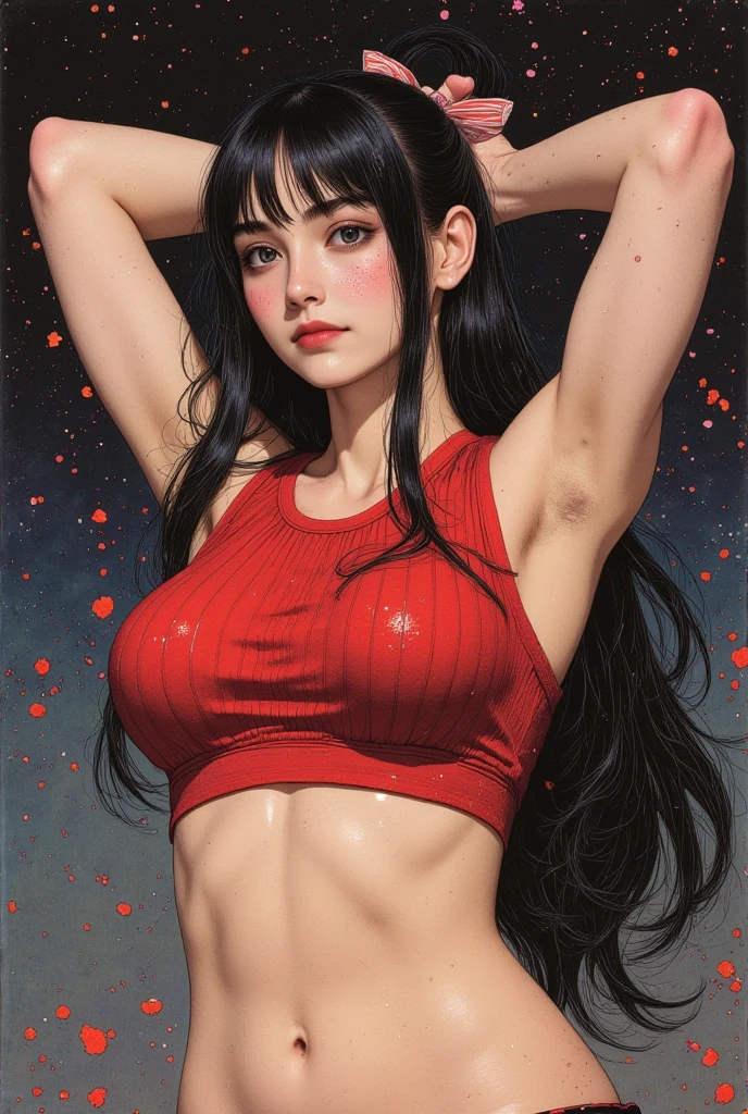 1girl,((photorealistic)),(Japanese girl),(young adult),((absurdres,highly detailed,best quality)),(full body),(parted lips:1.3),(detailed skin),(shiny skin),(armpit hair:1.3),(topless:1.4),(red fundoshi:1.3),(fun-roku),((big bulge)),((penis peek)),bushy eyebrows,straight eyebrows,low eyebrows,(flat chest:1.6),(athletic body:1.4),(public hair),(muscular:0.8),black medium hair,wide forehead,(thick lips:1.2),(glossy lips),(lipstick),((blush))