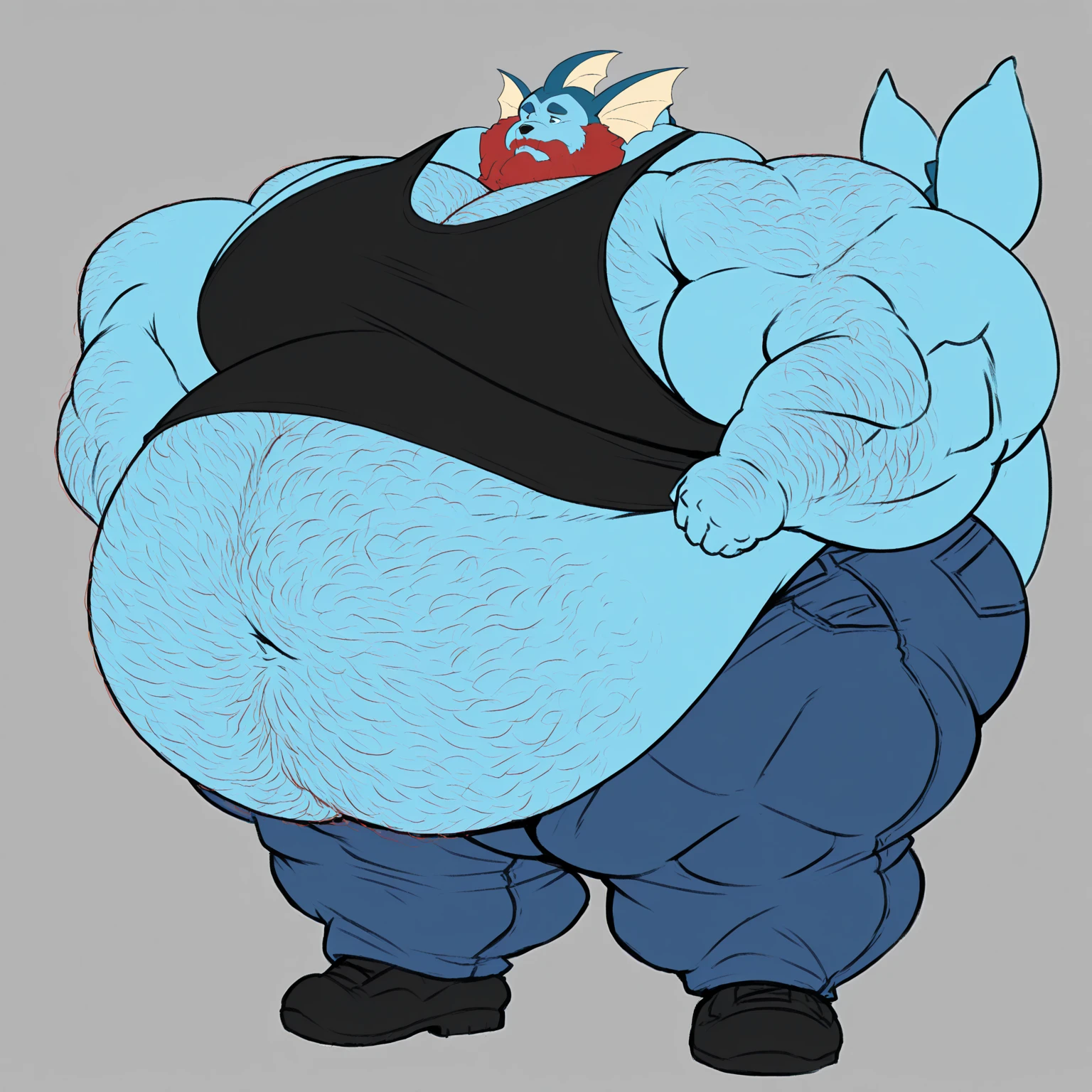 Wolf, female, long blue hair, black and blue body,fat arms, fat legs, belly rolls, hip fat rolls, double chin, chubby cheeks,tank to, sweatpants, gorgeous, beautiful, eyelashes,