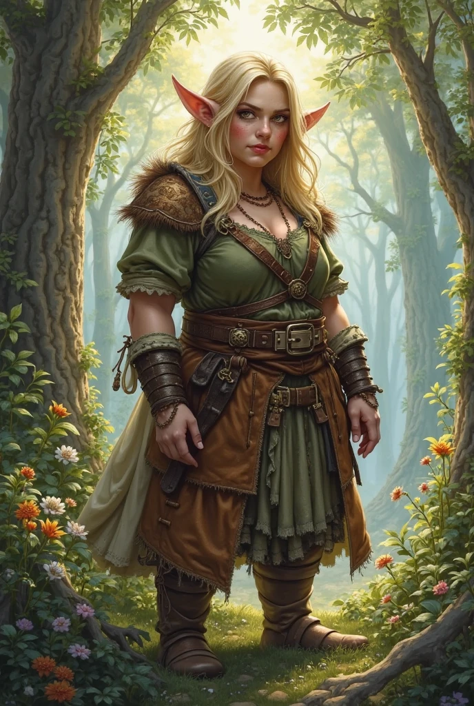 Viking woman standing with her back to me in a foggy forest. Blonde half up half down braided hair with a flower crown. Wearing a medieval dress & a fur cloak. Dungeons & dragons character.