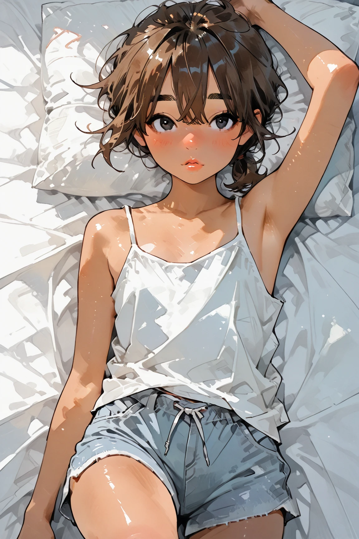 Middle and high school girl, changing clothes, hands up, white tank top shoulders visible, lower ??????? protruding from tank top, Japanese-style room, inn, on futon, track and field, beautiful girl, short hair, clear white skin, brown hair, small ???????, beautiful legs, red cheeks, exposed belly button, expression of defiance, lying on back Lying down, eyes open, composition viewed from directly above, realistic, sweating profusely, composition where the whole body is visible, hair is wild and disheveled