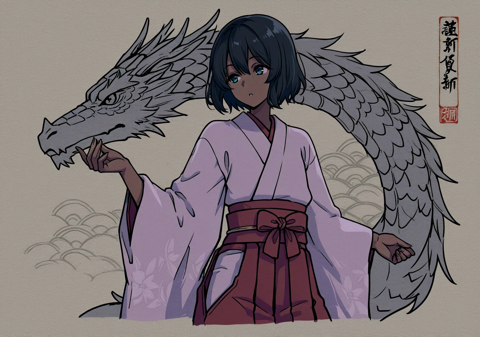 Bamboo bush、A Japanese style、Woman in white kimono、Dragon horn、 through、double tooth、独奏、White and red background
