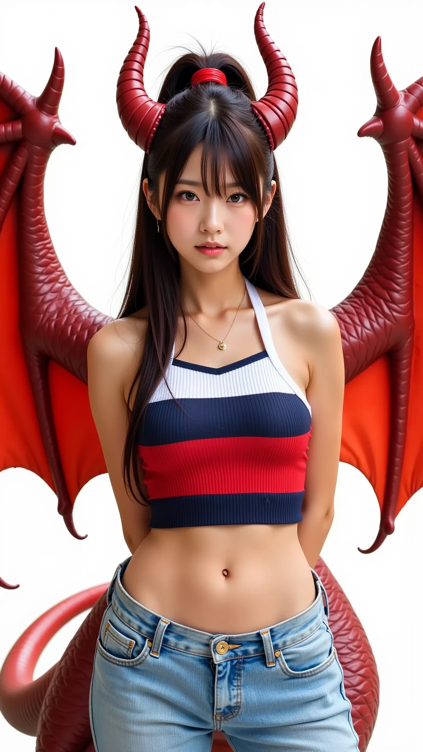 (detailed), light layer, lustrous skin, (intricate detailed, sexy extreme micro thin bunny theme crimson red cup-less bra and crotch-less red G-string, demon wings, hair ornament :1.2), black hair, black choker, long hair, hime cut, woman, blunt bangs, sidelocks, red eyes, holding quarterstaff, holding scythe, holding sword, (mature female:1.1), [uncensored, NSFW, nipples], side-ponytails  (simple background:1.1), big breasts and slender body, nipple, from above, (masterpiece), (best quality), front view 