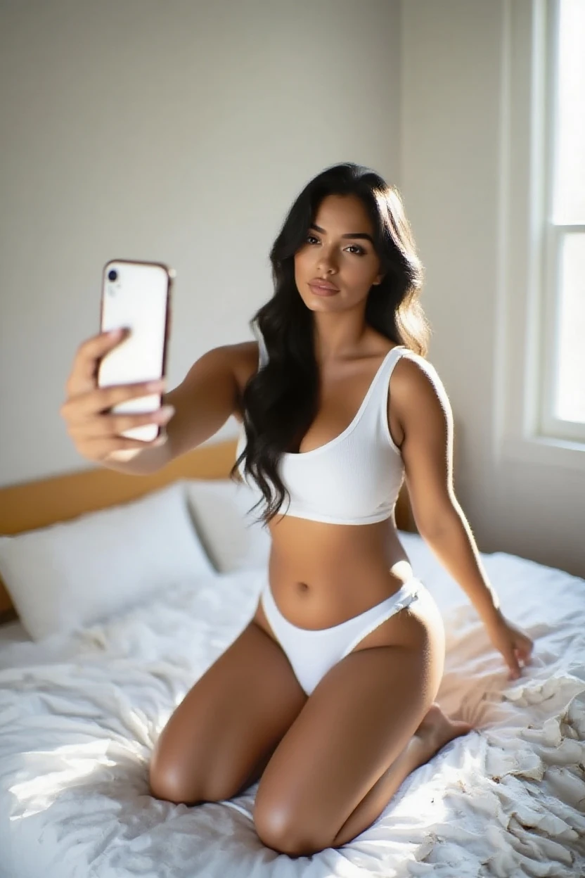 21 year old woman with a big ass and big tits in a thong in front of a mirror in her bedroom taking a picture of herself on all fours with an iPhone from behind, skin not smooth no makeup, bronze skin, ((pas de flou)), pas le visage retourne, photo pas flou et pas net, ((no nice smooth))
