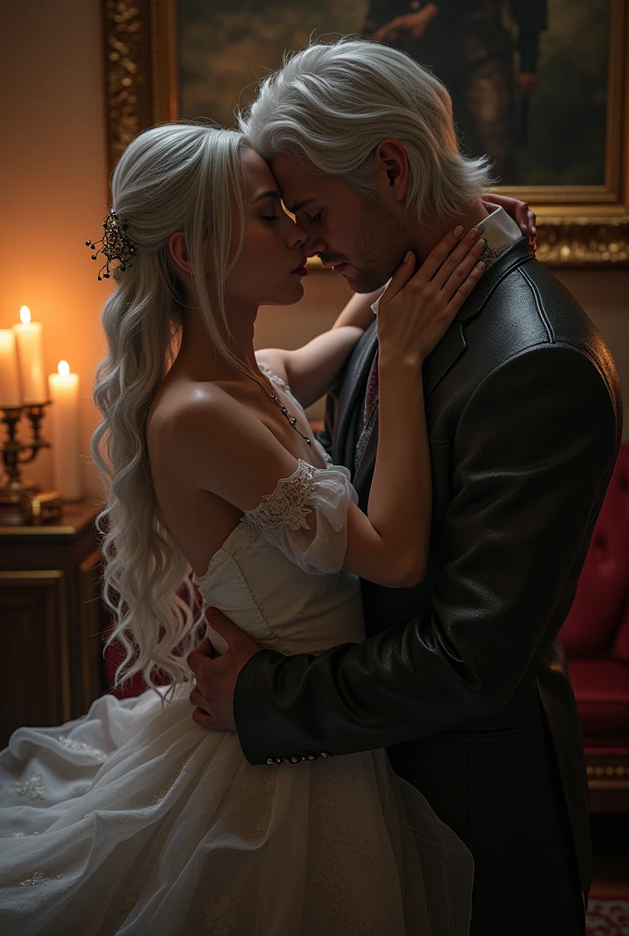 girl, serious, elegant, pink royal gown, aristocratic, silver elements, long nails, bare shoulders, hairstyle, absurdes, detailed dress, royalty, celebration, hall decorated with flowers, cowboy shot, portrait, (best quality), (masterpiece), (highly detailed), (4k), hugging Aemond Targaryen, Royal couple, Targaryen, house of the dragon
