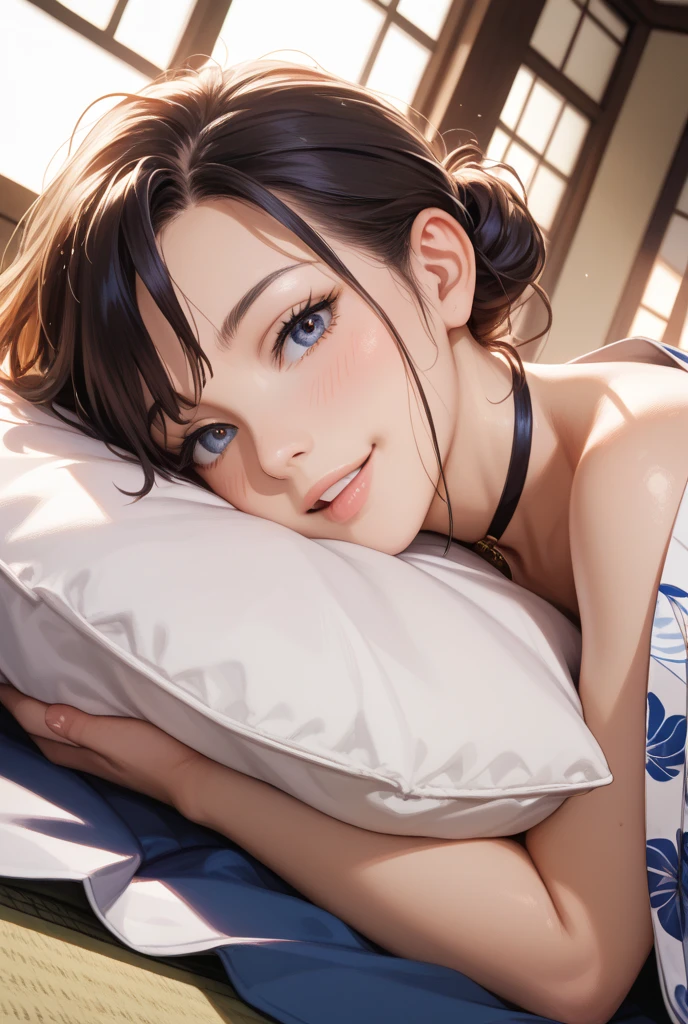 Highly detailed and high resolution、8K、Realistic rendering、Cinematic lighting、Photorealistic style. Night outside the window.。The moonlight is shining in faintly。
Japanese woman in her 20s、Wearing a camisole、Lying on a bed in a bedroom at home。The setting is night, so she looks a little sleepy.。The center of the room has moderate indirect lighting.、A soft light illuminates the woman&#39;s skin。The composition is landscape.、The camera captures the woman from slightly above.。