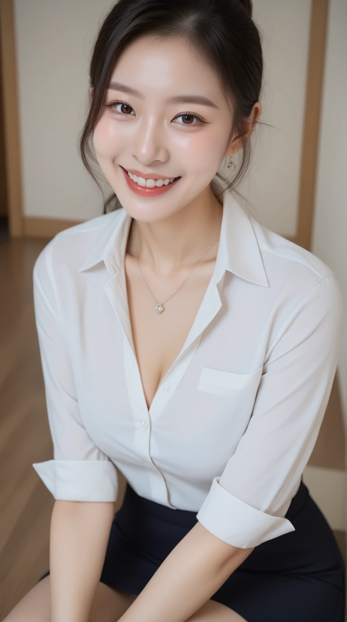 ((Highest quality)), ((masterpiece)), (detailed),Perfect Face,Japanese,Fair skin,Upper Body,Long Hair,Office Lady,Women's Ana Style,smile,Cleavage,blouse,Mature Woman