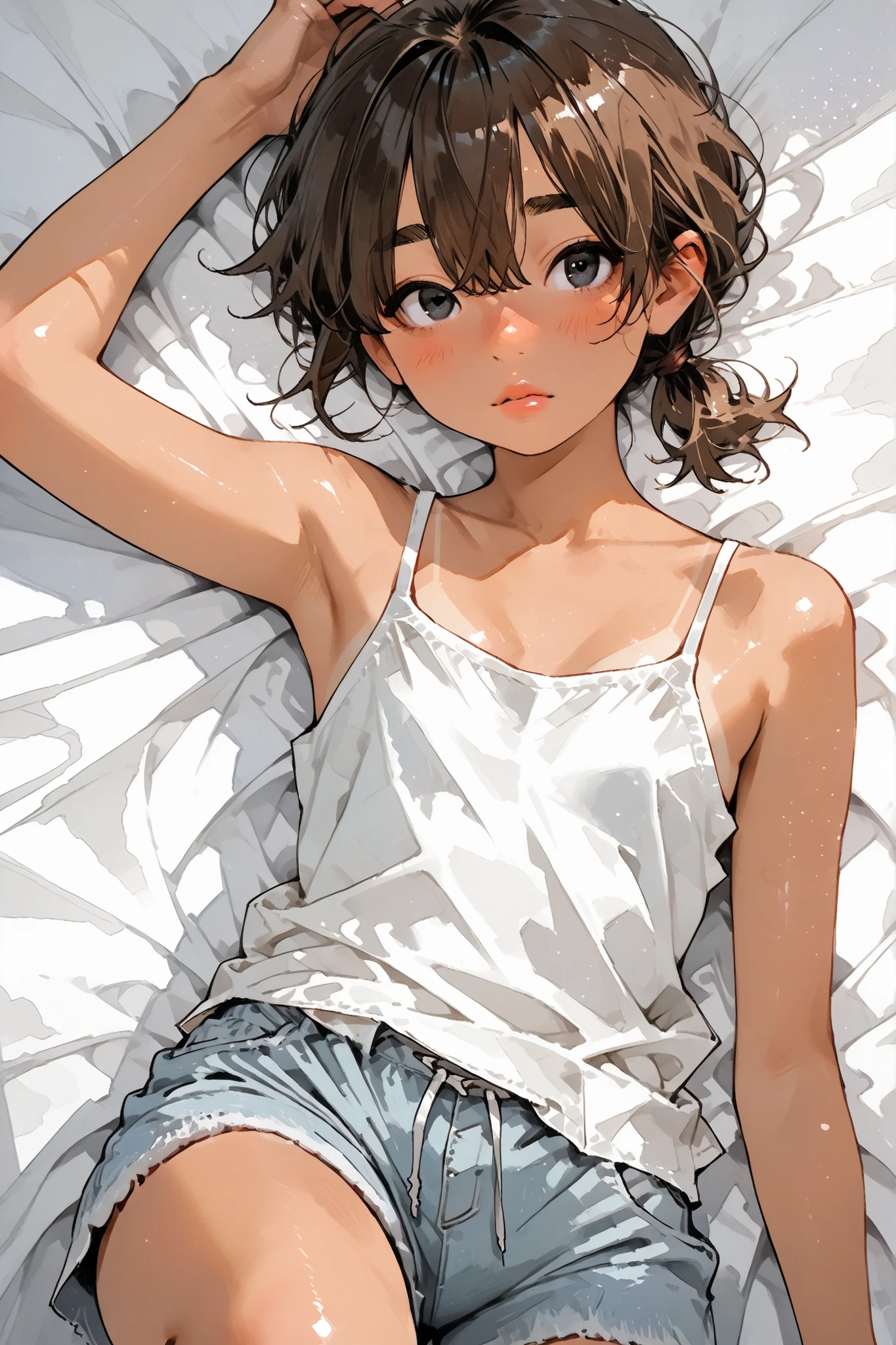 1girl,Super Detailed,absolute resolution,(dynamic angles),(tanned skin:0.5),(tanlines:0.3),(portrait),(pinup),from above, ((cowboy shot)),
lying,[knee up],arm up,arm at side,
white Spaghetti Strap Camisole,(untucked camisole:1.3),skyblue  Bermuda shorts,,
detailed and beautiful face and eyes,black eyes,,(Freckles:0.7),(Thick lips:0.8),((Thick eyebrows)),Japanese girl,flat chest,(round nose:0.5), 
brown hair,low ponytail,short ponytail,choppy bangs,hair over both eyes,(messy hair:0.7), 
(blush:0.8),(nose blush:0.8),(light smile:0.5),(parted lips:0.7),Watercolor anime,


