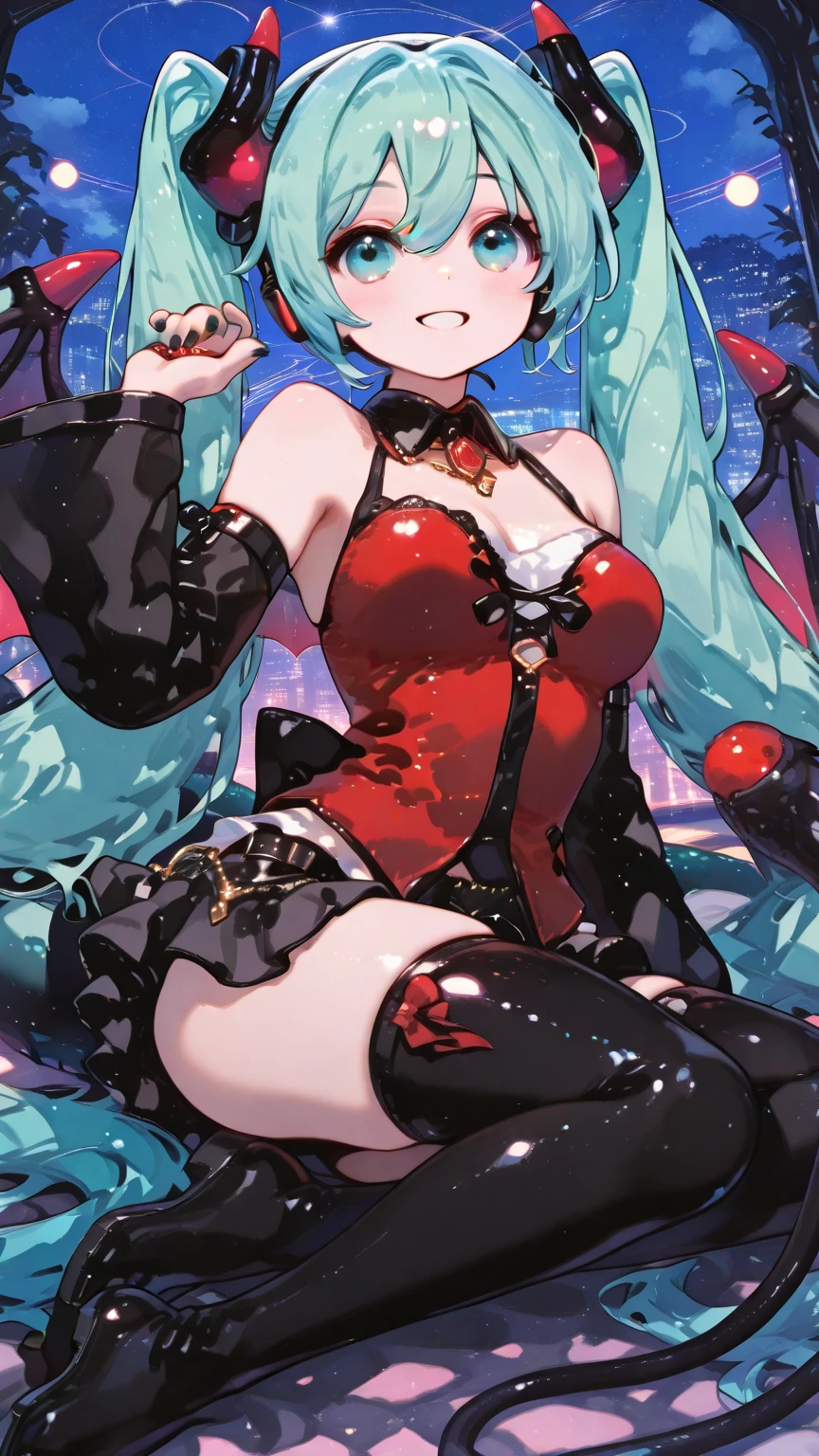 azur lane, game cg, 1girl, solo, pale green hair, long twintails, shiny hair, succubus dress, succubus horns, succubus wings, succubus tail, miniskirt, white clothes, crouching, skinny legs, spread legs, small boobs, navel, shiny skin, smirk, smug, smugness, crimson eyes, finger to mouth, tilting head, from POV, open mouth, tongue out, thigh gap, looking down, NSFW, futanari,