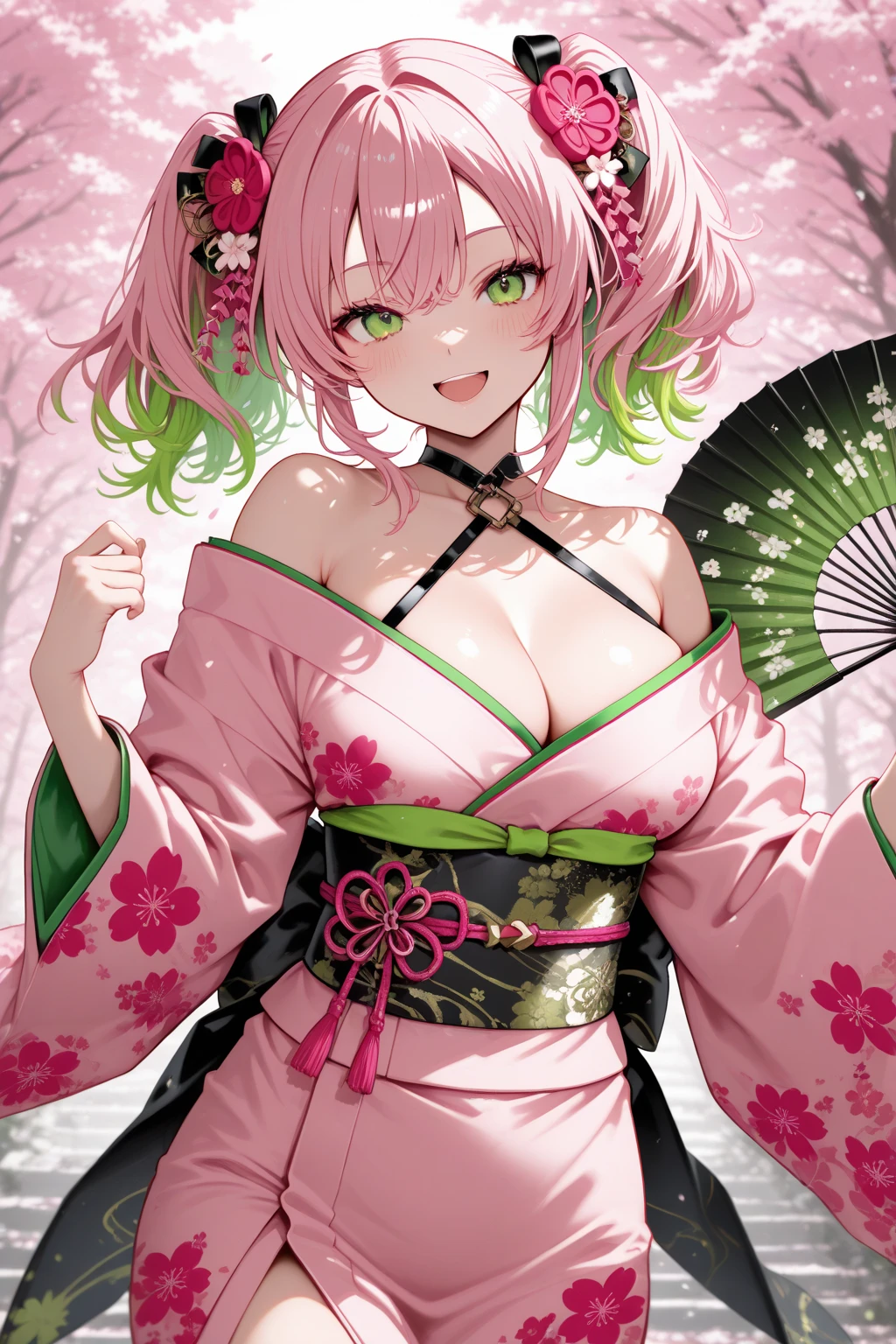 Sakura from Naruto with big and thighs exposed with short pink hair tied behind her back and green eyes ,wearing modern outfit which makes her look sexy ande exposed her large cleavage