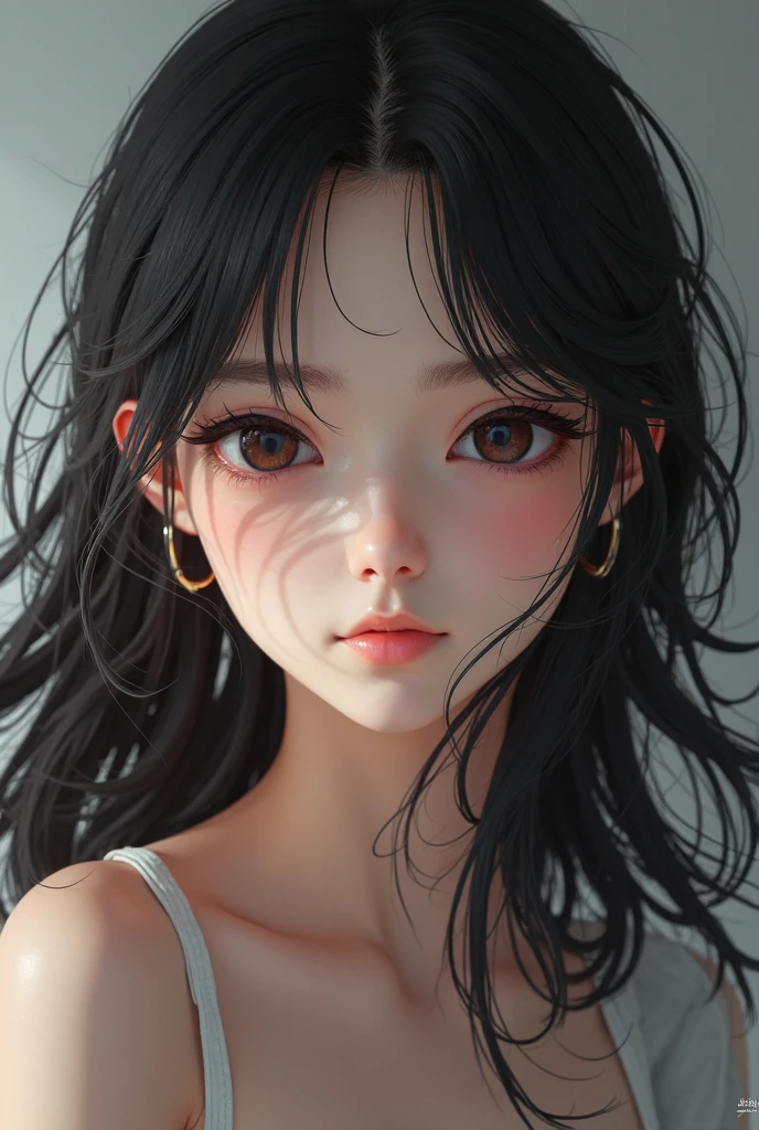 Black hair, semi-long, straight, with bangs, double eyelids, brown freckles and moles on face, slightly large nose, small face, small eyes, realistic drawing, wearing pajamas