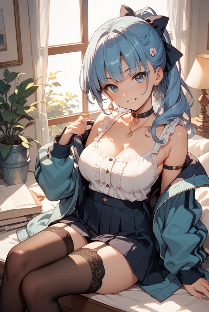 Anime Moe Art Style,highest quality,High resolution,Anatomically correct,One Girl,Mid-teens,A girl with light blue hair in a ponytail,Super detailed,Fantasy-style world,off shoulder tops,mini skirt,barefoot,Big Breasts,Cleavage,Laughing with your mouth open,Bright smile,A rich expression,Lying face down on a white bed,One leg bent,Spreading out a magazine,Eyes drawn in detail,hair ornaments,necklace,bracelet,ring,8K