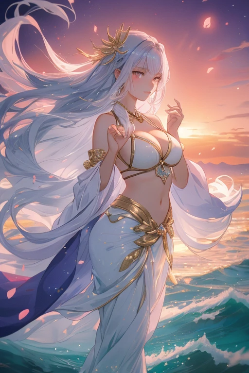 ((best quality))) (((HD))) (((8k))) (character) 20-year-old girl, elf, ((beautiful)) and ((happy)), ((Golden eyes)) light brown eye shadow ((white hair)) and ((long hair)), gold tribal marks on face, flowers in hair, ((gold earrings)) tip of ear pierced. ((White tribal attire)) gold bracelets, gold anklets, she ((dances)) around a fire, ((dusk setting)) fluffy clouds, vibrant colorful sky, ((Tribal princess)) ((Enchanting)) ((mystical)) lures you in. Flower petals blow in wind