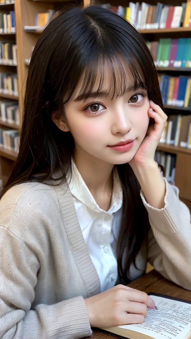 (Highly detailed CG unity 8k wallpaper), (masterpiece), (best quality), (super detailed), (best illustration), (best shadow), (photorealistic: 1.4), (PureErosFace_V1:0.5), real human skin, lens flare, shade, backlight, flowers, depth of field, natural light, hard focus, film grain, staring viewer, girl, 21 years old, Solo, skinny, white skin, soft lips, (light eyebrows: 1.4), shiny brown eyes, long black hair: 1.1, (small breasts), beautiful detailed sky, detailed library (crowd: 1.2), night, sitting, (nose turns red), (smile: 1.3), (closed mouth), beautiful detailed eyes, uniform, floating hair, dress