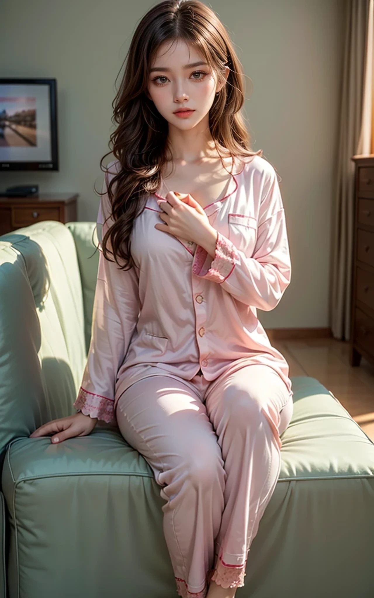 Mature Young,Great pajamas,Pajamas with open chest,Erotic style,very cute,Luxury hotel suite,Bedroom,whole body,Beautiful and soft skin、Perfect Face、Perfect Face,Gorgeous long brown hair,8K resolution,Ultra-realistic,Very detailed,high quality,Fashionable erotic beautiful immature woman ,(Look at the viewers)