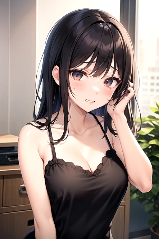 woman、Black Hair、After a bath、camisole、towel around neck、Upper Body、smile