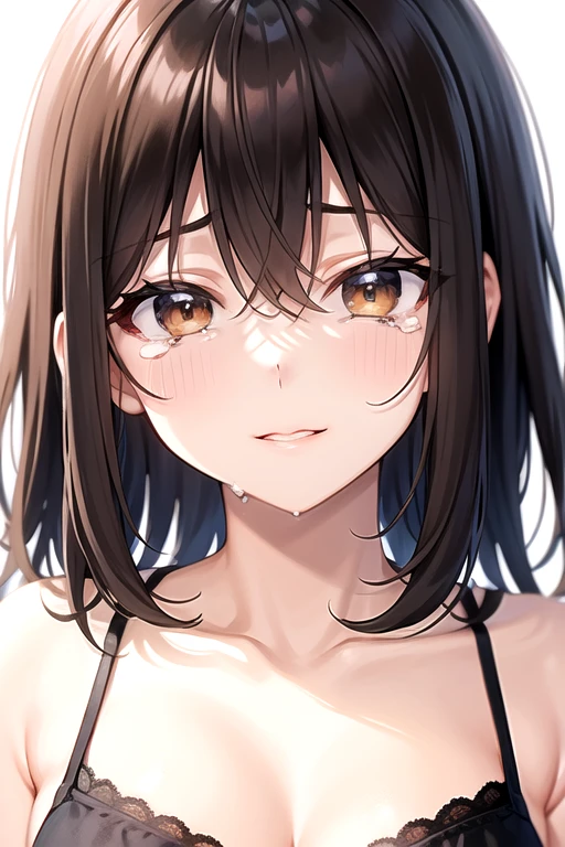 Solo Naked woman Close-up on facial expression Close-up of face Sweat Impatience Feels good Sparkling eyes Mouth half-open Sloppy face Short black hair Ponytail:2.4 Straight hair Hair tie Sweep bangs to the side:1.9. Slanted Eyes, Brown eyes, expensive, Strong-willed, beautiful、Big breasts、adult