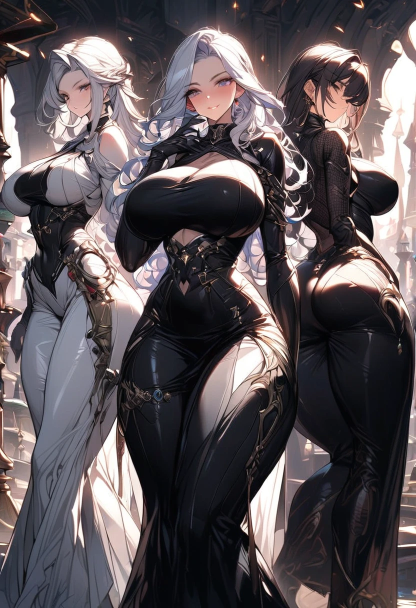 2girls, light skin, dark-skinned female, dark skin, white hair, long hair, large breasts, breasts, wide hips, yellow eyes, smile, bodysuit, black bodysuit, neon trim, sleeveless, black pantyhose, pantyhose, futuristic, tech, science-fiction, full_body,
