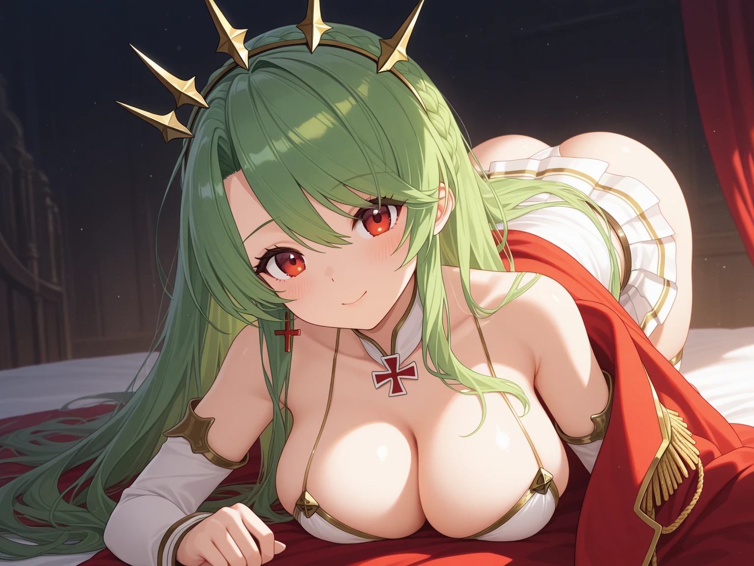 {8k image}, 1beautiful orc woman(mature, MILF), yellow eye, big dark green hair, pointy teeth, busty, wearing Cimmerian costume (girl), musculous body, strange symbols on the neck and chest (red), triangular face, thin lips, {looking directly at the viewer}, {facing forward}, {perfect anatomy}, {image focused only on the face and chest}, background mountains, manhwa art style
