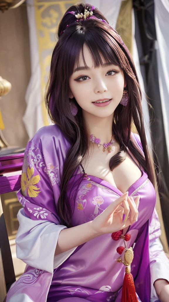 、Bob、Braid、Light purple hair、Red-pink eyes、Jiangshi、Chinese clothing、Big purple hat、Bandage-like knee-highs、A big talisman on the head、Large beads around the neck、
