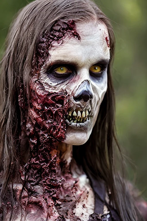 masterpiece, best quality:1.2), ((RAW photo, Best quality)), (Realistic, photo-realistic:1.2). (((Michonne a black evil zombie woman))) , (((blood, hottinig, skull face ))), ((horror, creepy)) , night, (((White eyes))). angry. ((( Exposed brain))), ((Pale or Grey skin)), wounds, empty eyes, torn clothes, slow movements, guttural noises, aggressive and cannibalistic behavior. Cinematic lighting.