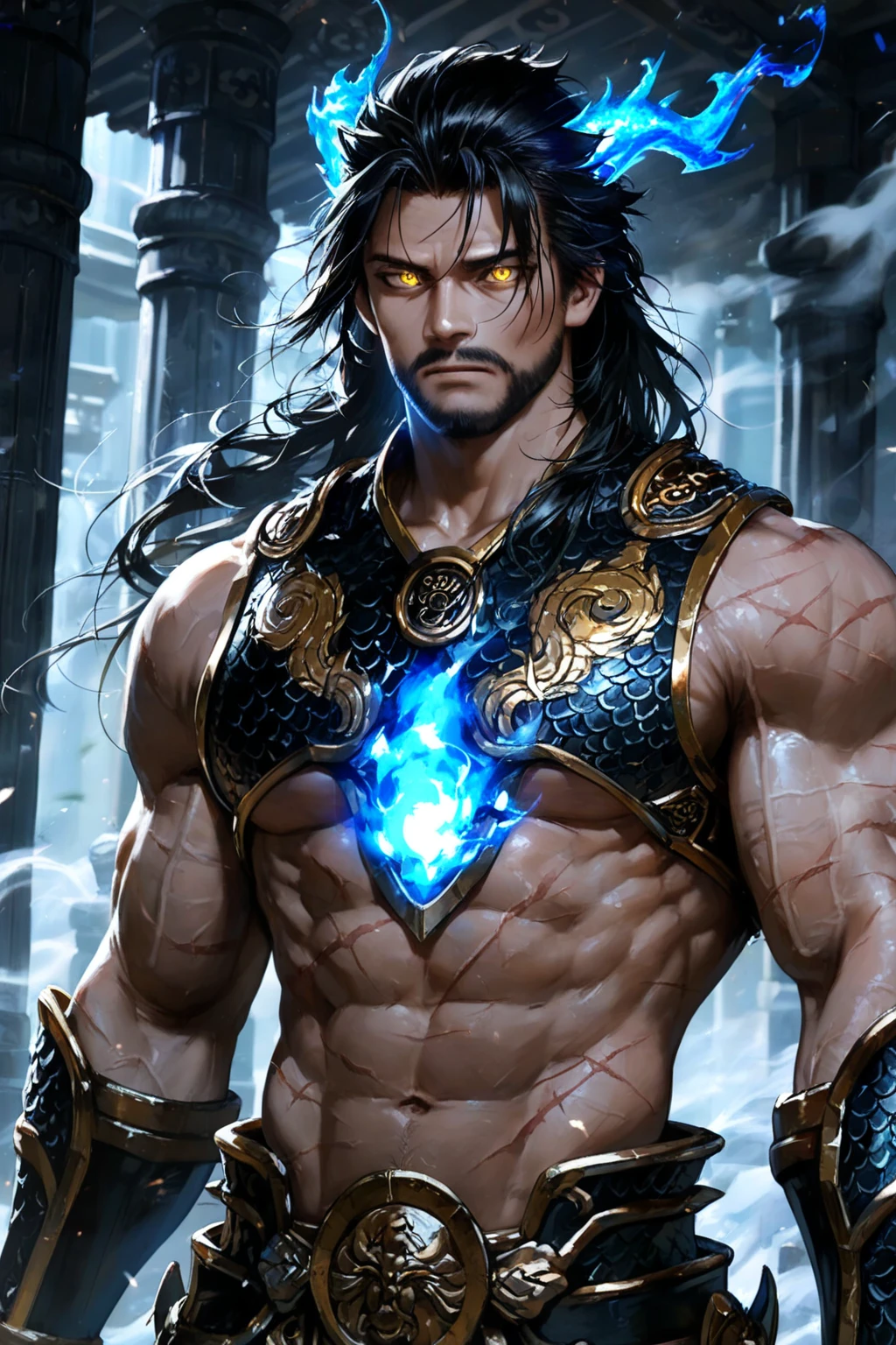 (photorealistic, masterpiece, detailed face, best quality, highres, 4k), Fantasy art style, imagine the astrological sign of Scorpio the enigmatic scorpion portrayed by a seductive male model with an aura of intensity and magnetism. He emerges from a black pool of swirling shadows, his body adorned with intricate tattoos and mysterious symbols, representing passion and mystery.