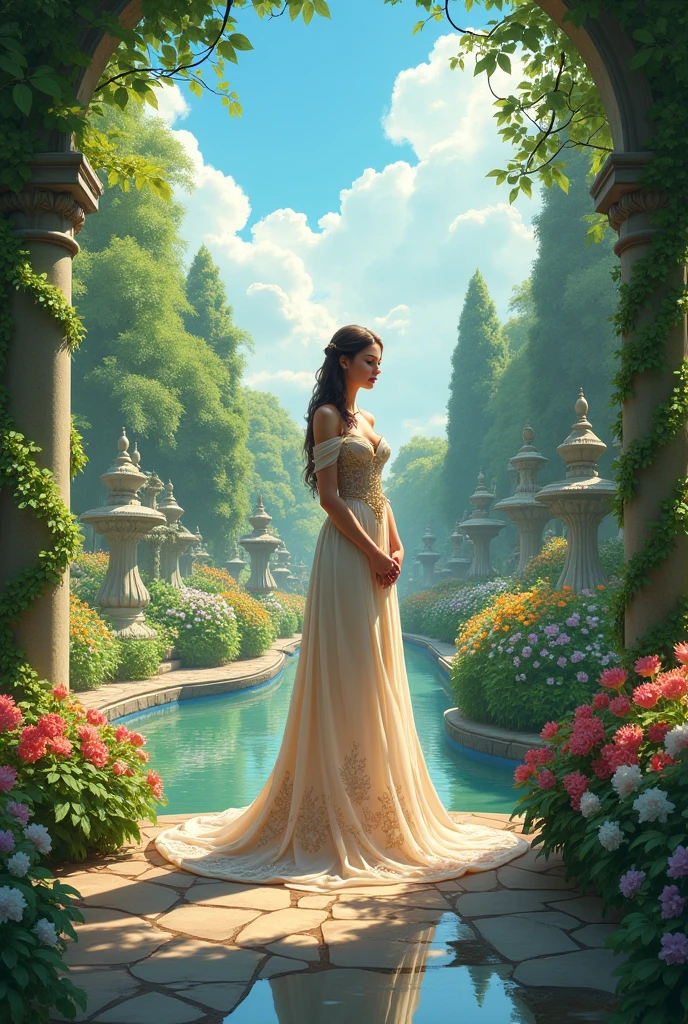 woman from Italy (realistic:1.37), sits in a scenic garden. Her face exhibits beautiful detailed features including mesmerizing eyes and lips. She radiates a sense of elegance and sophistication, dressed in a stylish outfit that complements her graceful appearance. The light gracefully illuminates her face, highlighting her delicate features and enhancing her natural beauty. The garden surrounding Eleonora is filled with vibrant flowers and lush greenery, creating a picturesque backdrop. The flowers bloom in various colors, providing a burst of vivid hues and adding an exquisite touch to the scene. The sunlight filters through the leaves, casting a gentle dappled pattern on the ground. The overall quality of the artwork (best quality, highres, masterpiece:1.2) is exceptional, with ultra-detailed elements carefully crafted to ensure a realistic and photorealistic portrayal. The intricate details capture every fine texture and subtle nuance, resulting in an artwork that showcases the highest level of skill and craftsmanship. The style of the artwork is reminiscent of classic portraits, with a touch of modernism. It combines the timeless elegance of traditional art with a contemporary twist. The composition and technique are masterfully executed, reflecting the artist's expertise and proficiency. The color palette of the artwork is rich and diverse, with a harmonious blend of warm and cool tones. The colors range from soft pastels to bold, vibrant shades, creating a visually captivating and engaging piece. The carefully selected colors enhance the overall mood and ambiance of the artwork, evoking a sense of tranquility and serenity. The lighting in the artwork is meticulously designed to create a sense of depth and dimension. The interplay of light and shadows adds an element of drama and intrigue to the scene, further enhancing the overall visual impact. The artist skillfully captures the interplay of light and darkness, adding a sense of realism and depth