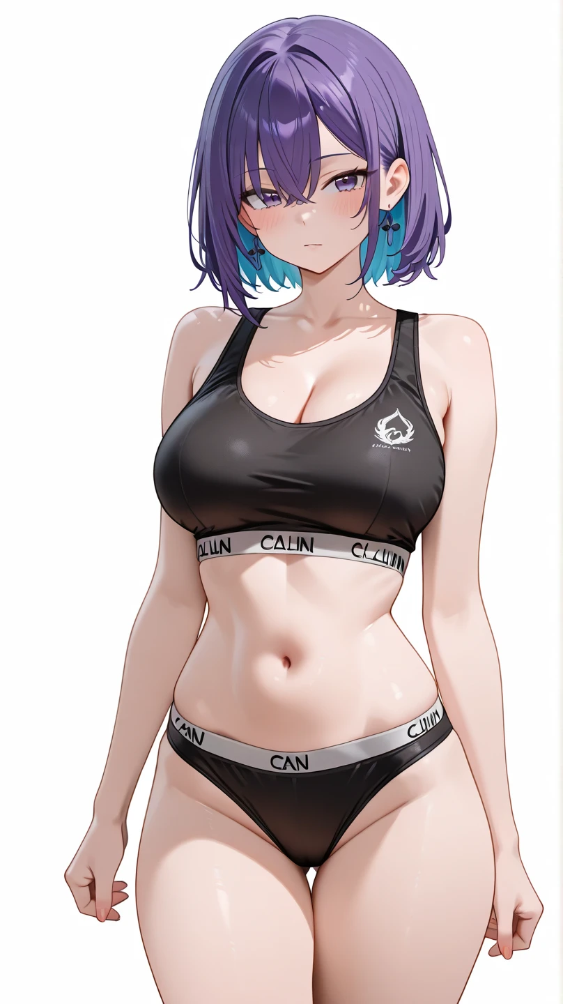 young girl, multi-colored hair, Short purple hair with yellow tips, Fox ears, blue eyes, Smile, open belly, Purple T-shirt, Huge-breasts, red tattoos, Shorts, Masterpiece, hiquality, 4k, HD, Good detail