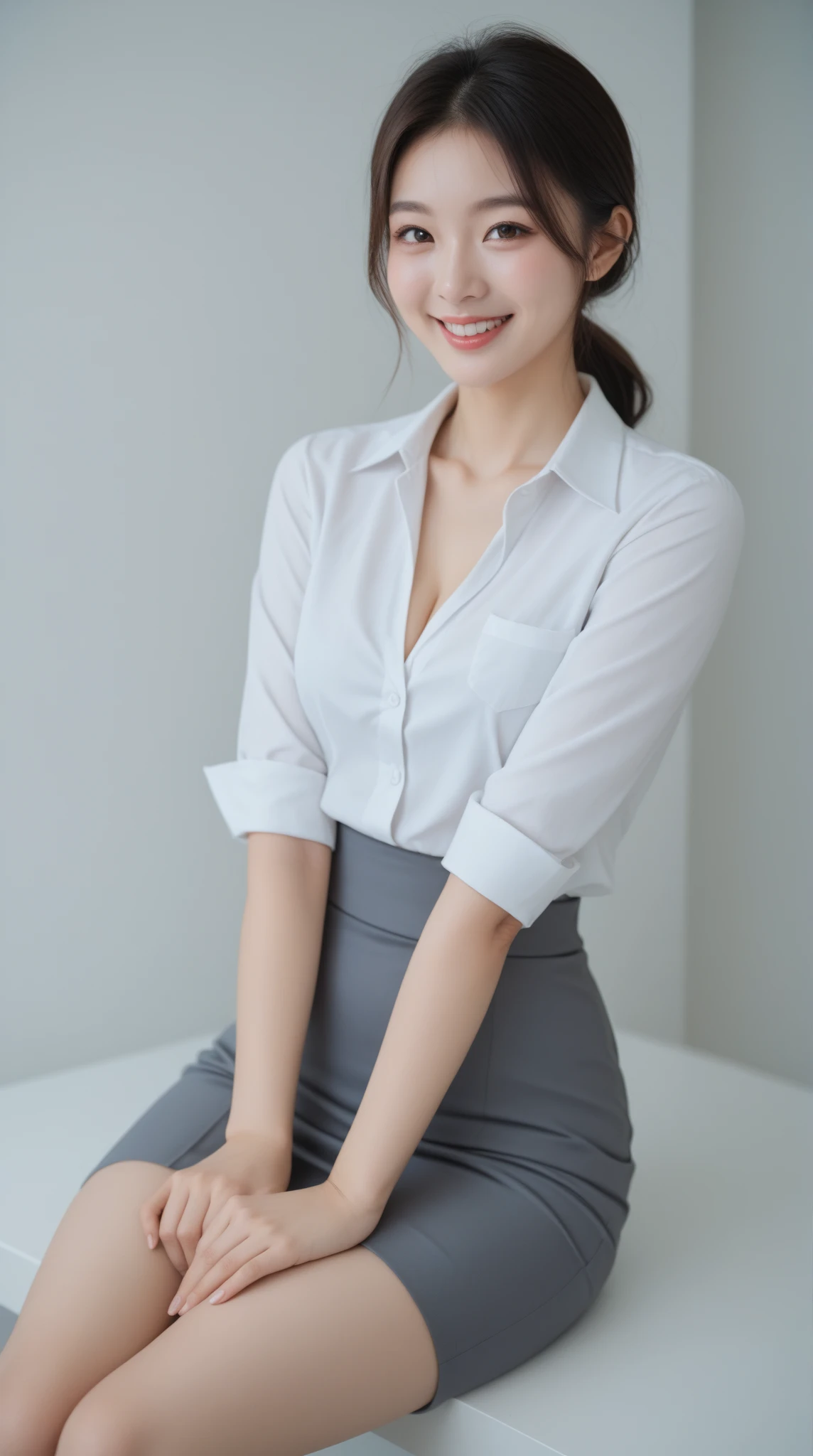 ((highest quality, 8k, Representative works in detail, Ultra-high resolution)), Breast augmentation, (Looking at the audience), (Mid Shot:), Charming business woman1name, Ayase Haruka、A little chubby、light makeup、Amazing beauty、White collared shirt, Grey Skirt, (sitting in an office chair)), smile, Office with computer,big breastini skirt、panties、Spread your legs、Flip up the skirt、