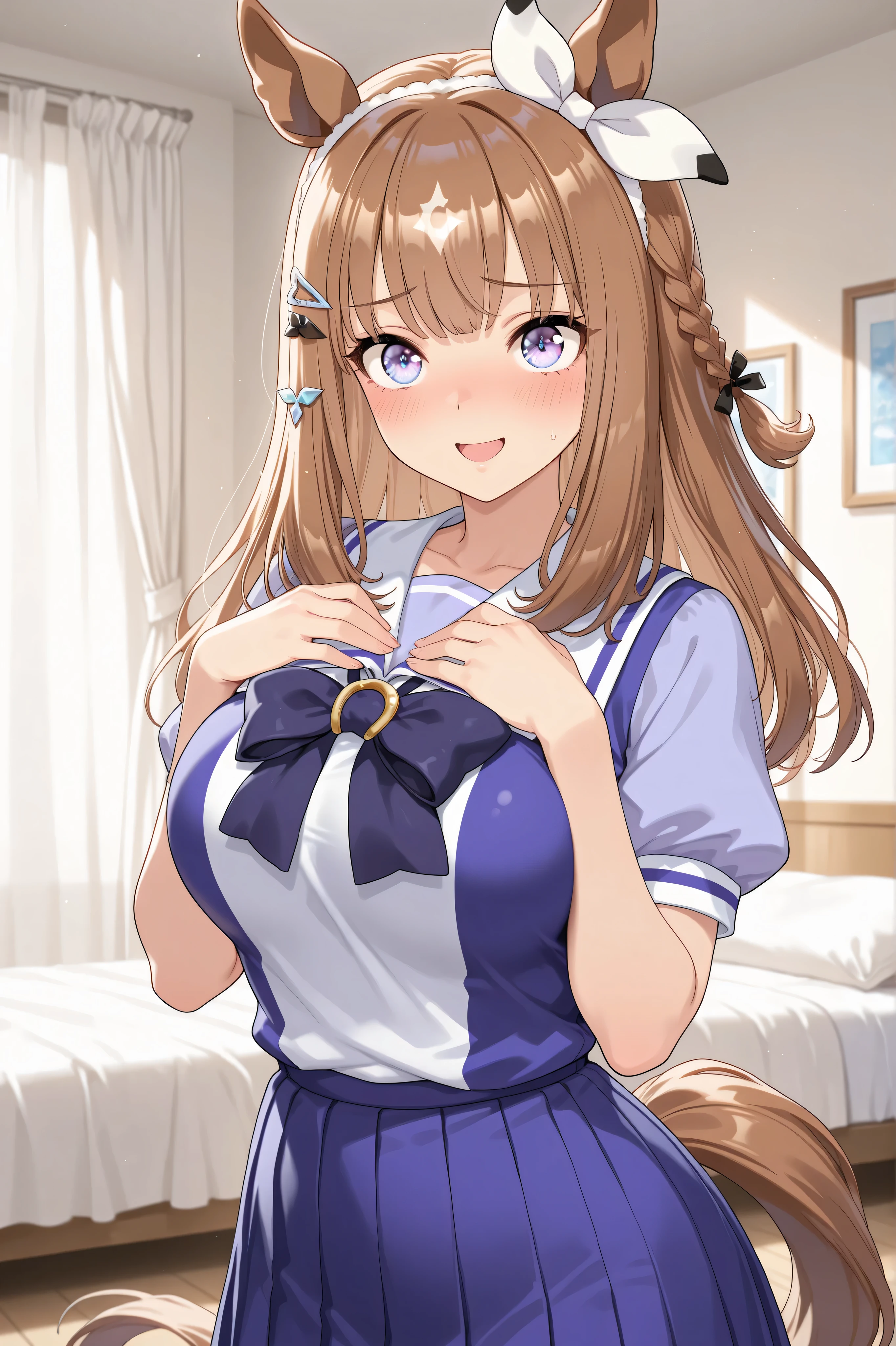 {{{masterpiece}}}, {{{best quality}}}, {{ultra-detailed}}, (detailed skin texture) , solo, almond eye (umamusume), short sleeve school uniform, white line on the middle of school uniform, dark blue skirt, beautiful breast, blush, cute smile, embarrassed,open mouth, standing, straight posture, (hands on chest), large living room, bed, white curtains , cowboy shot, upper body