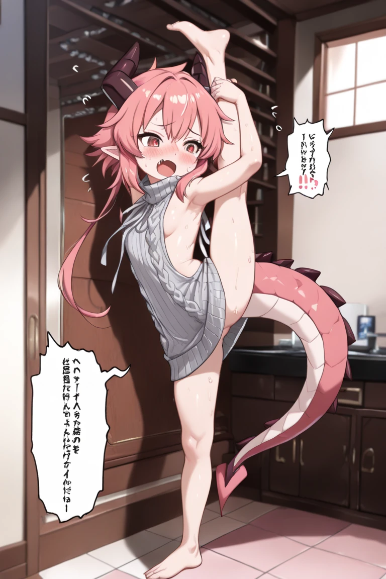 (masterpiece, best quality), ilulu (maidragon), 1girl, solo, horns, yellow horns, breasts, low twintails, looking at viewer, long hair, pointy ears, huge breasts, shirt, black shirt, tail, dragon tail, black thighhighs, thighhighs, black panties, panties, underwear, standing, teeth, holding, parted lips, hand under shirt, pink hair, slit pupils, red eyes,