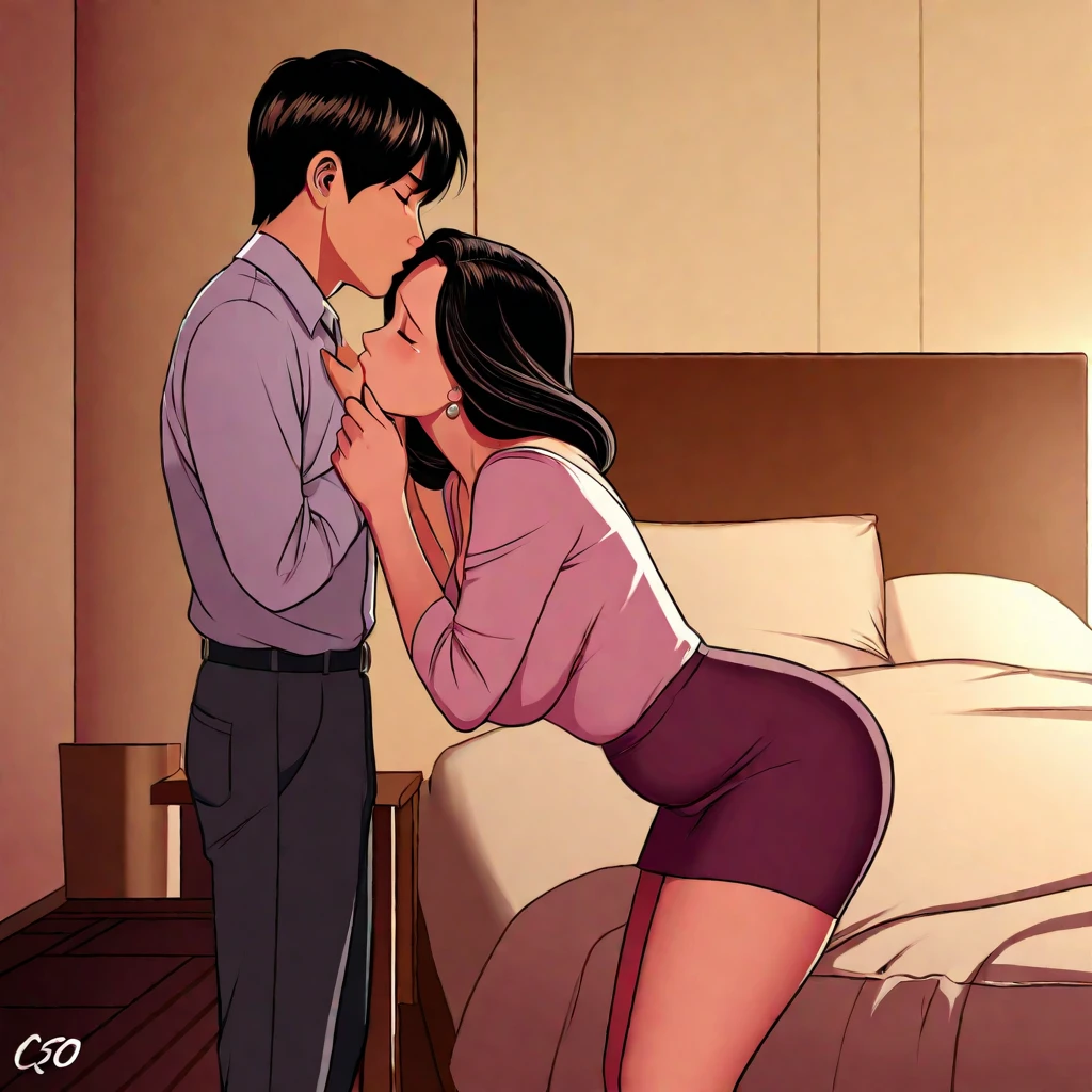 Chubby japanese sexy mature woman (50 years old), long straight black hair, naked, shaved pussy, laying in bed with tall men, hotel penthouse room, lot of men watching, men with Big hard penis, vaginal penetration, sucking breast, holding legs open, kissing