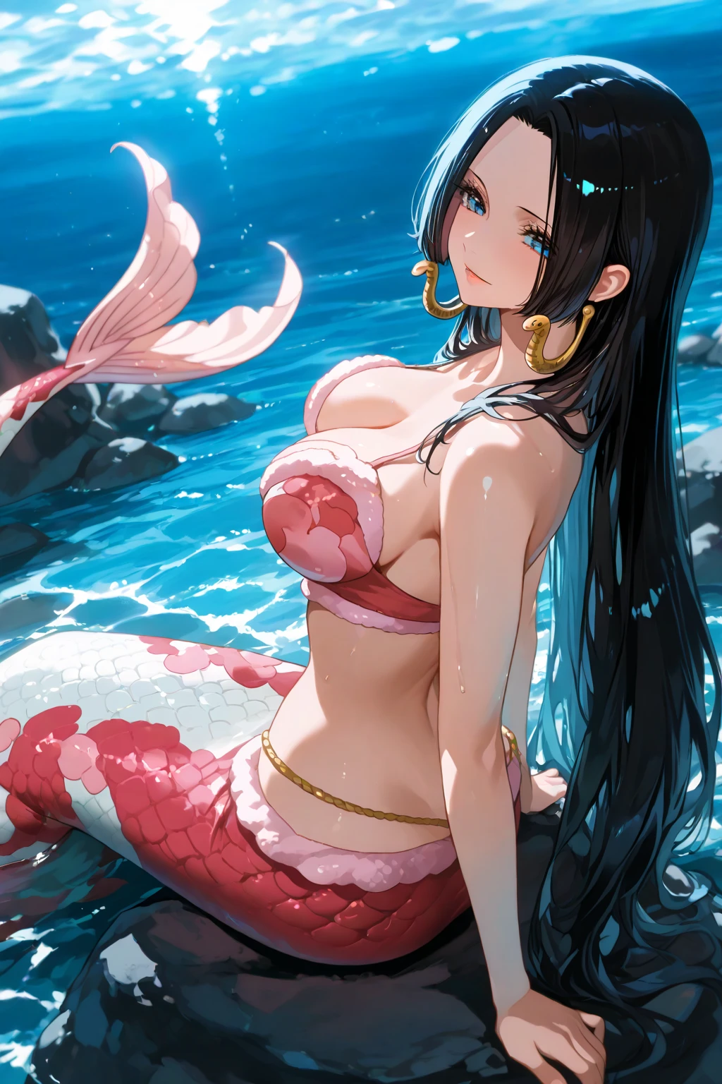 ((highest quality, 8k, masterpiece: 1.3)), Dark blue hair, Hair behind the ear, Long Hair, Big Hair, Wet Hair, Star hair ornament, Upturned eyes, Pointed Ears, A light smile, ((Mermaid)), Sit on a coral reef, Beautiful Face, highest quality, Shiny skin, Detailed skin, ((Detailed face, Fine grain))