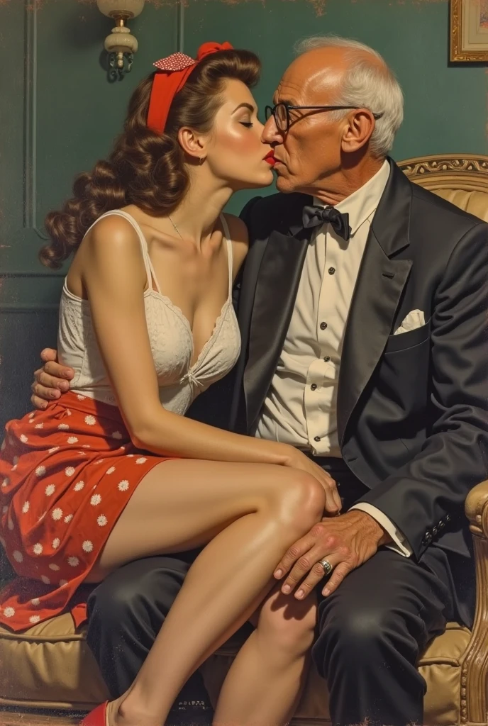 Beautiful girl kisses old man in nightclub with barely any clothes on