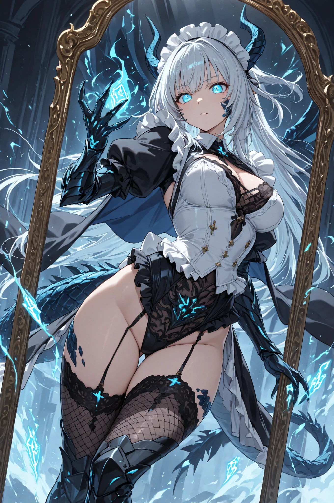 Masterpiece, Beautiful art, professional artist, 8k, art style by sciamano240, rostro de Bronya Zaychik, detailed body, Very detailed face, very detailed eyes, Detailed clothing, detailed fabric, Best Quality, better resolution, 1 girl, view from behind, perfect ass, big breasts, serious expression, at night , silver hair, glasses, choker:1.6, (long sleeve white collar buttoned shirt), (shiny black corset), black gloves covering your hands, holding an ax with his hand, (shiny black leggings), looking at the viewer, dark forest, Atmosphere, fog, at night