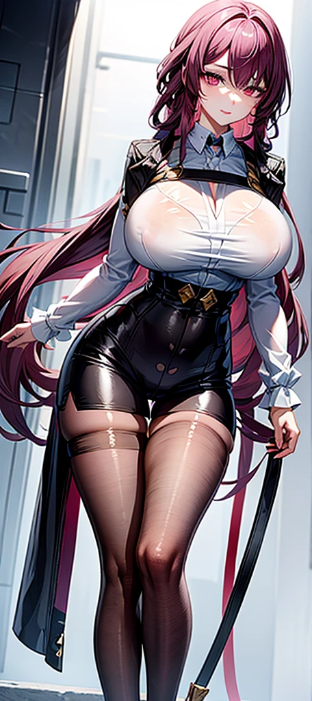 masterpiece,best quality,1girl,red hair,long hair,green eyes,extremely long thick hair, massive breasts,high heel boots,hourglass figure,long legs, high heels,black dress, veins, massive muscle,
