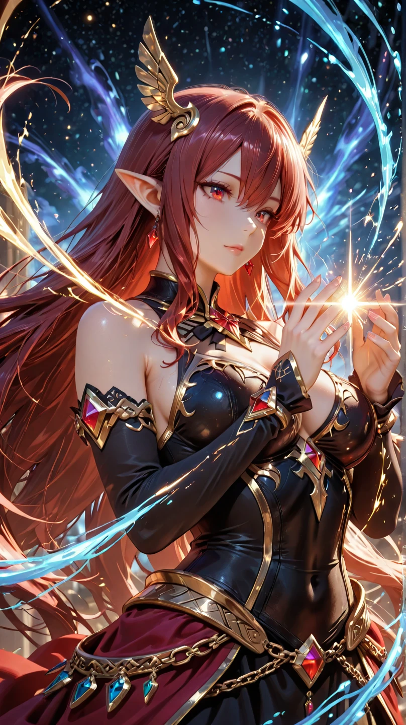 (masterpiece, best quality, ultra-detailed, best shadow), (beautiful detailed face), (perfect detailed body), colorful, hyper detail, intricate details, (1girl, solo, dynamic angle),
looking_at_viewer, smile, tooth, lips, hair_ornament, long_hair, (red_hair), blue_hair, multicolored_hair, hairclip, pink_eyes, hair_bun, (perfect deatailed finger), detailed_finger, detailed_hand, detailed_foot, big_tits, big_boobs,
chibi, (detailed background), (beautiful fantasy queen, astral witch costume, Shaxi, flowing magic robe, full-body fairy, white Hanfu,),