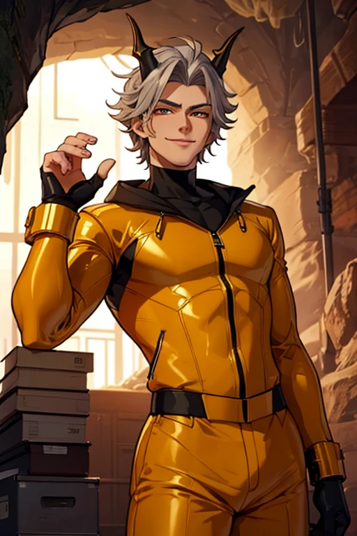 masterpiece,highres,highly detailed,male focus,1boy,solo,yellow eyes,white hair,smile, latex catsuit