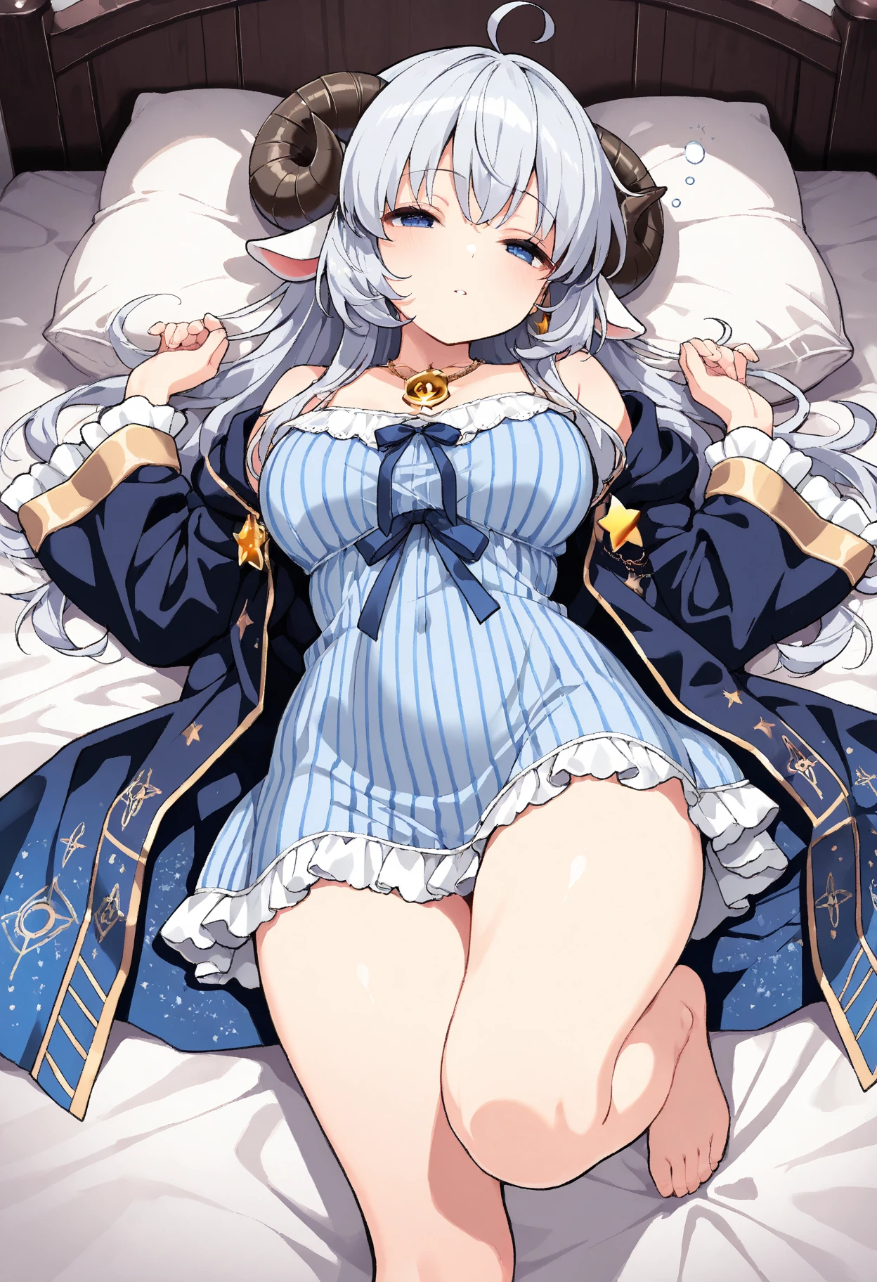Masterpiece, 1 young adult woman, tall ,pregnant , big belly, huge breasts, white skin ,beautiful navel ,glossy body, 2 human hands, five fingers, very long straight silver hair, ahoge hair, black metallic micro bikini only , sleeping style, spread legs, overall view, luxury hotel bedroom, on bed, scarlet eyes, erect breast tits, crotch groove, midnight, night sky ,