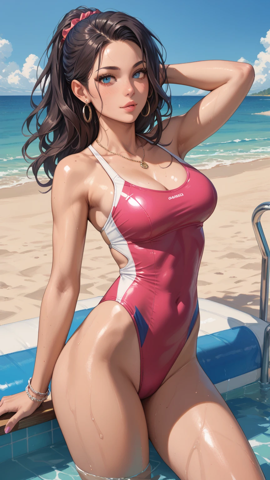 score_9, score_8_superior, score_7_superior, High-resolution CG illustration,A masterpiece in 32K resolution,Highest quality,it is really amazing,Very detailed,Ultra-high resolution,Ultra-realistic,Realistic,Increased depth of field,Cinematic lighting,
Sexy mature Japan woman,
Straight long hair with black hair,Ultra-detailed and beautiful face,Calm and gentle look,Beautiful brown eyes,Translucent white skin,Realistic skin texture,Great proportions,
Sexy high leg swimsuit,
Artistic design,Chic color scheme,Detailed fabric texture,
Dark overcast sky on a dull night,Dark clouds filling the sky,Thundercloud,Coastline at night,Stormy seas,delay々A desolate sandy beach that continues,
Cleavage up,Cinematic Angle,