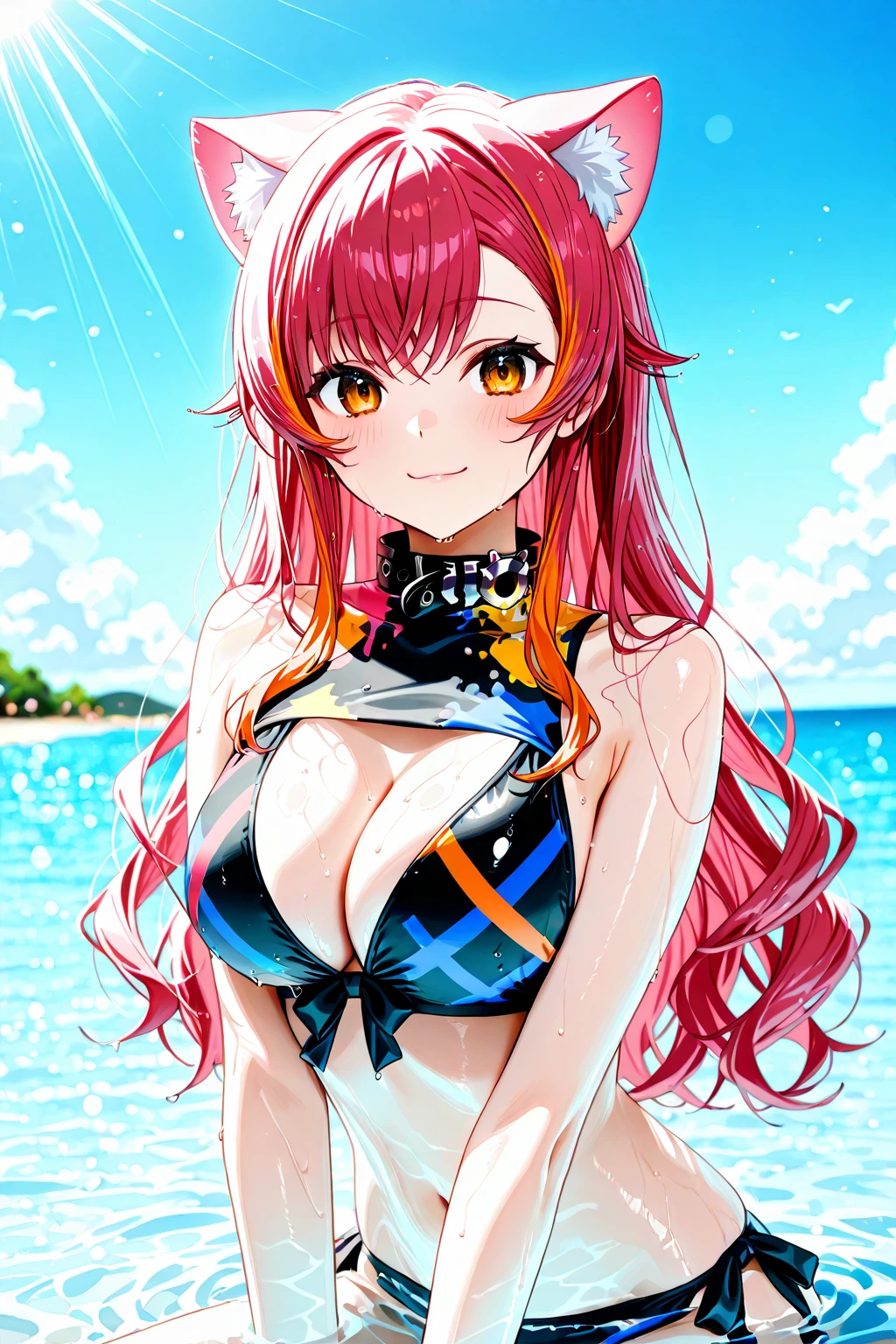 1 fox anime girl, bikini, openpose, big breasts, fox ears, pink hairs, leaning forward, squeezing breasts, Высокое разрешение, Лучшее качество, Детально, HD-модель