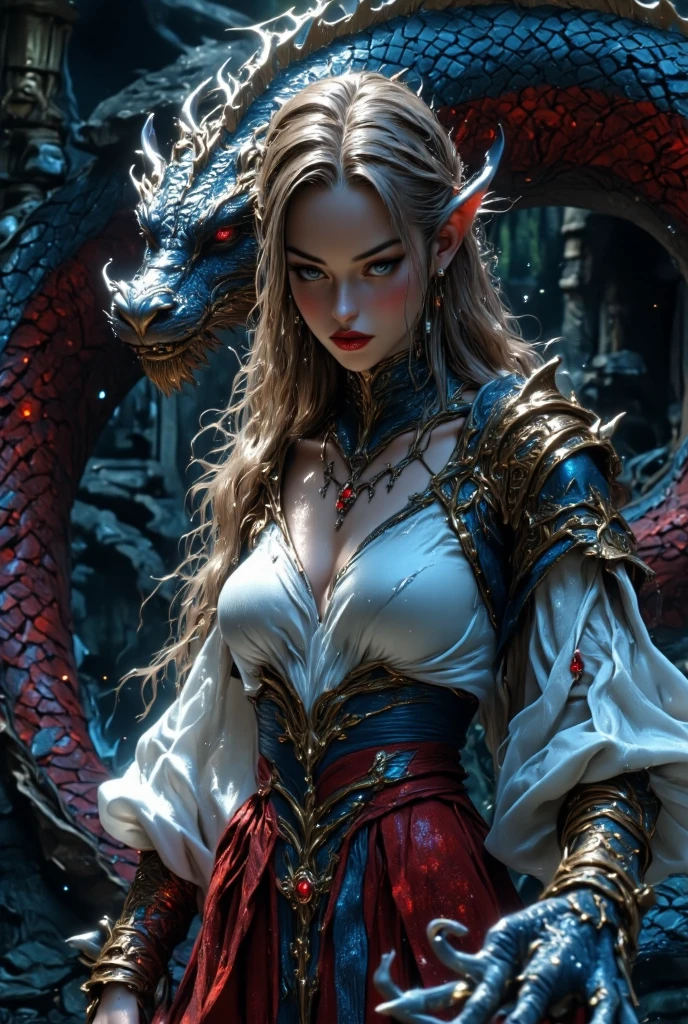 Amazing illustration of one beautiful girl and a dragon, Beautiful rainbow kimono, masutepiece, Golden Chinese dragon surrounded by gold dust, Wind, god, long wavy body, tusk, Fantasy, myth, High quality, Highly detailed, masutepiece, epicd, Particle effect, dynamic effect, The eyes are crystal, Good luck, Gold background, Rising fortune, gold, Sunrise, Sun, One head, Realistic, Dragon God, eyes are white, The background is golden, Seven Colors of Radiance,