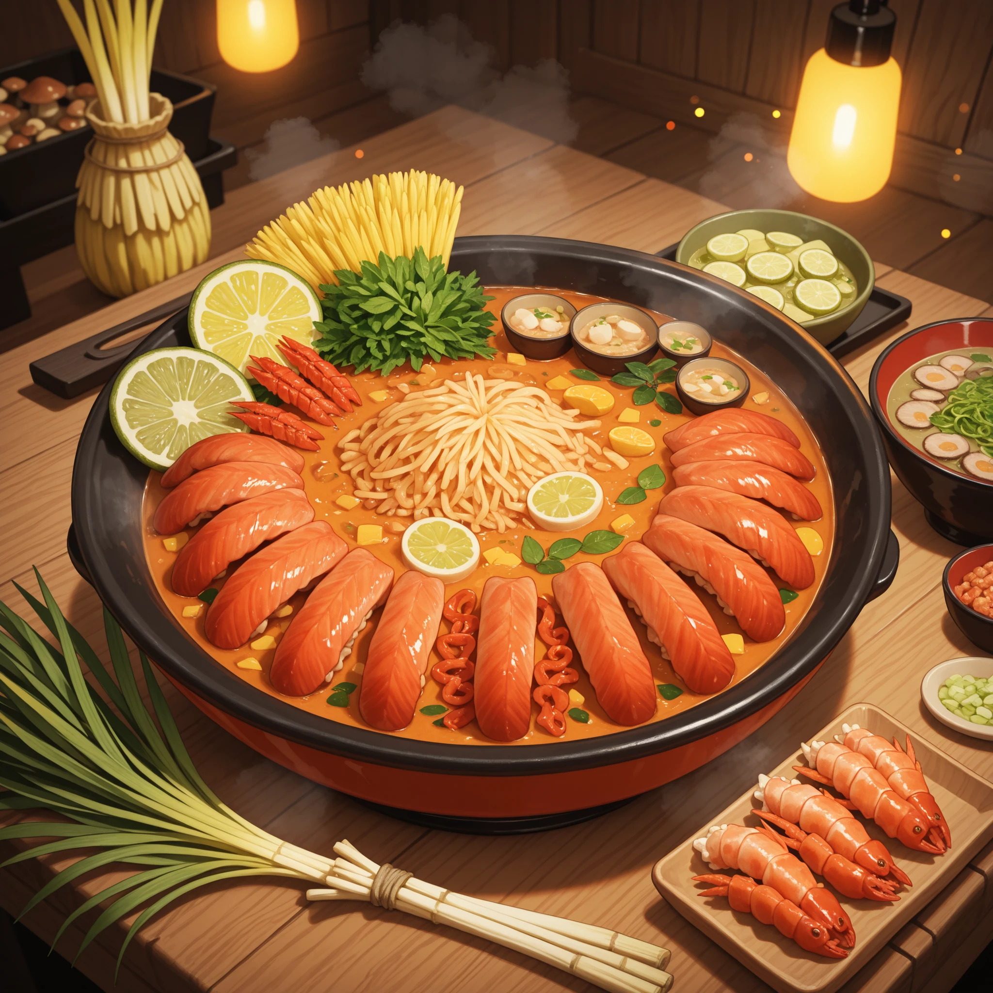 Detailed food illustration of a steaming bowl of delicious Tom Yum soup — vibrant orange-red broth filled with prawns, mushrooms, lemongrass, lime leaves, chili, and fresh herbs. Garnished with lime wedges and coriander, served in a traditional ceramic bowl on a wooden table. Background with soft bokeh kitchen lights or tropical Thai elements. Rich colors, realistic texture, appetizing and cozy vibe, perfect for menu design or culinary wall art, 8K resolution